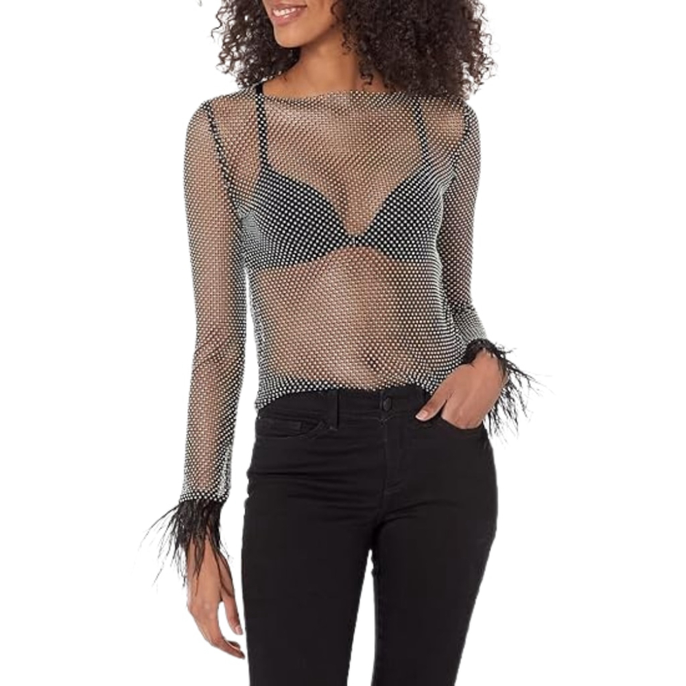 Steve Madden Charlize Mesh Crystal Embellished Feather Cuff Top Black NWT Size L